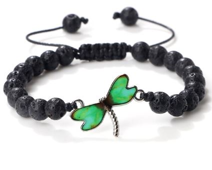 Adjustable  Lava Stone Bracelet - Green Dragonfly