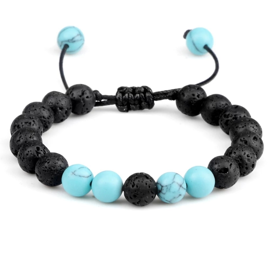 Adjustable Lava Stone Bracelet - Black With Aqua