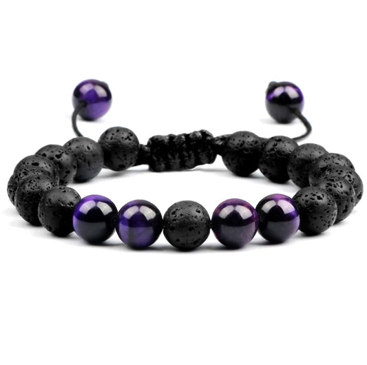 Adjustable Purple Tiger Eye and Lava Stone Bracelet